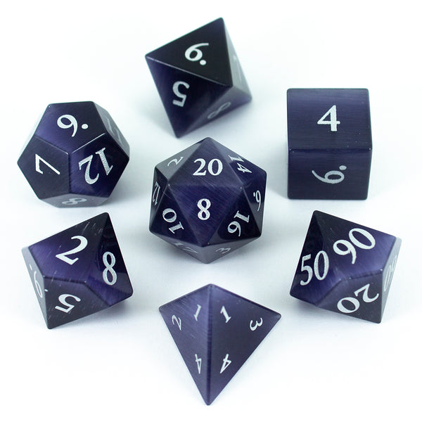 Luxury Stone DnD Dice - Purple Cat's Eye - Full RPG Set