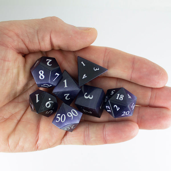 Luxury Stone DnD Dice - Purple Cat's Eye - Full RPG Set