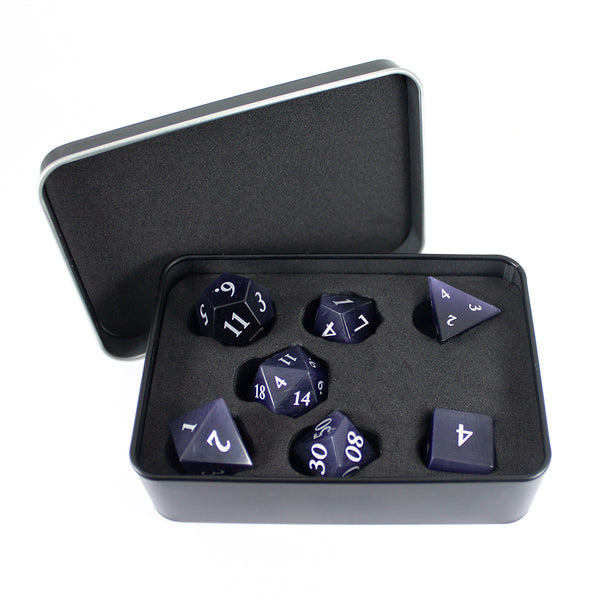 Luxury Stone DnD Dice - Purple Cat's Eye - Full RPG Set