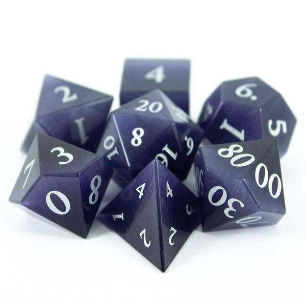 Luxury Stone DnD Dice - Purple Cat's Eye - Full RPG Set