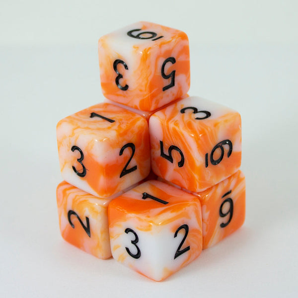 'Troll Slayer' Orange and White Marble 8 D6 Dice Set