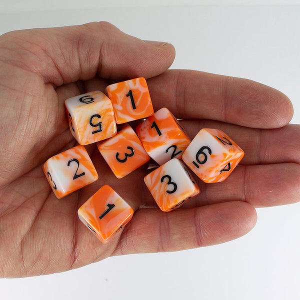 'Troll Slayer' Orange and White Marble 8 D6 Dice Set