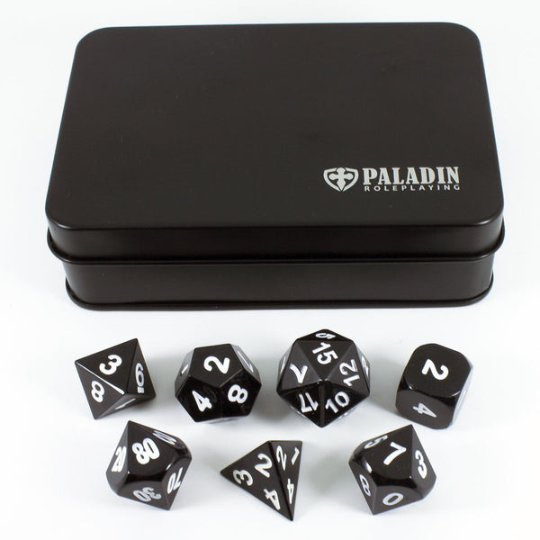Black Metal Polyhedral Dice Set - In Presentation Case - Paladin Roleplaying