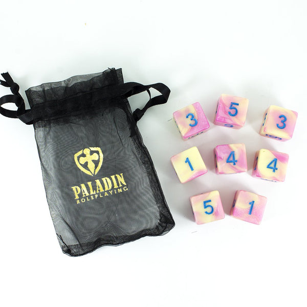 'Love Potion' Pink and Yellow Marble 8 D6 Dice Set - Paladin Roleplaying