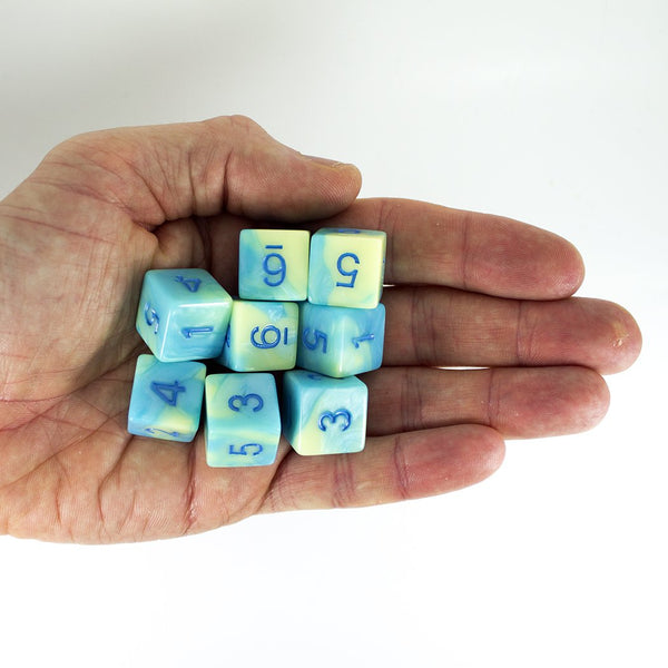 'Blue Mist' Blue and Yellow Marble 8 D6 Dice Set - Paladin Roleplaying