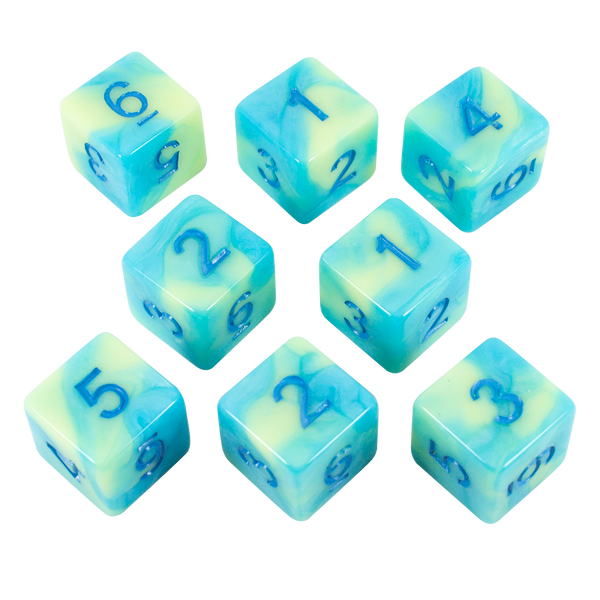 'Blue Mist' Blue and Yellow Marble 8 D6 Dice Set - Paladin Roleplaying