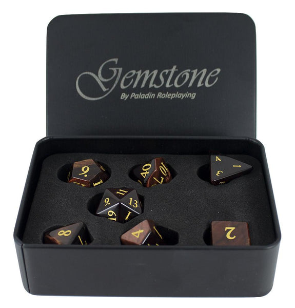 Luxury Stone DnD Dice - Red Tiger's Eye - Full RPG Set - Paladin Roleplaying
