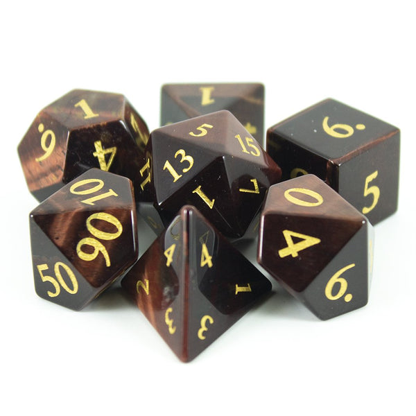 Luxury Stone DnD Dice - Red Tiger's Eye - Full RPG Set - Paladin Roleplaying