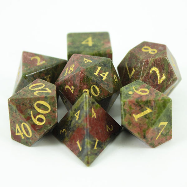 Luxury Stone DnD Dice - Unakite - Full RPG Set - Paladin Roleplaying