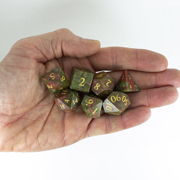 Luxury Stone DnD Dice - Unakite - Full RPG Set - Paladin Roleplaying