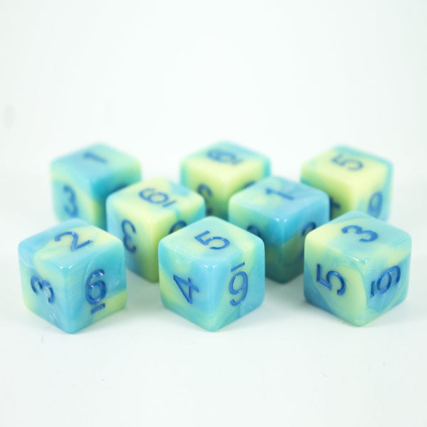 'Blue Mist' Blue and Yellow Marble 8 D6 Dice Set - Paladin Roleplaying