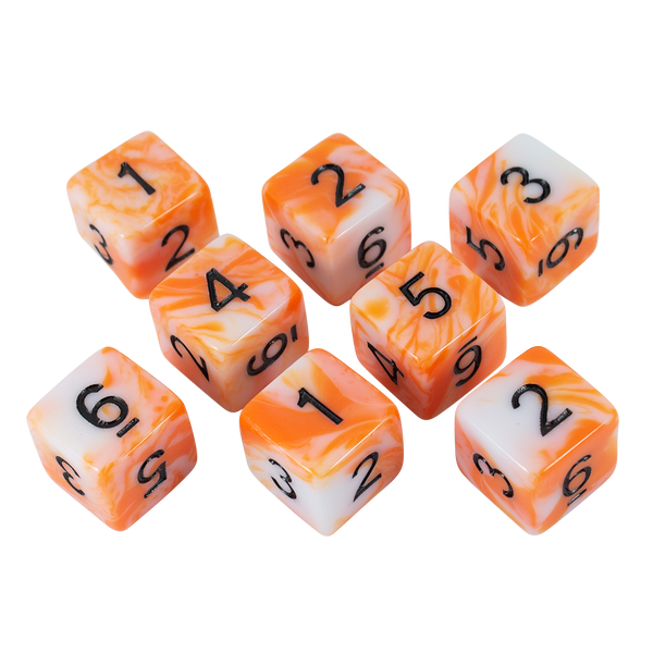 'Troll Slayer' Orange and White Marble 8 D6 Dice Set