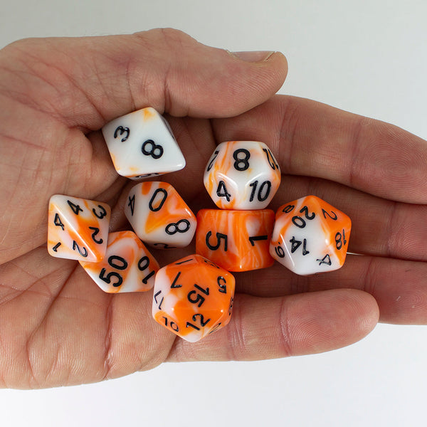Troll Slayer Orange and White Dice - Expanded Polyhedral Set With Extra D20