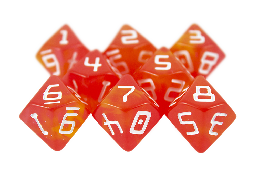 Starfarer 'Red Dwarf' Red and Yellow 8D10 dice – Paladin Roleplaying