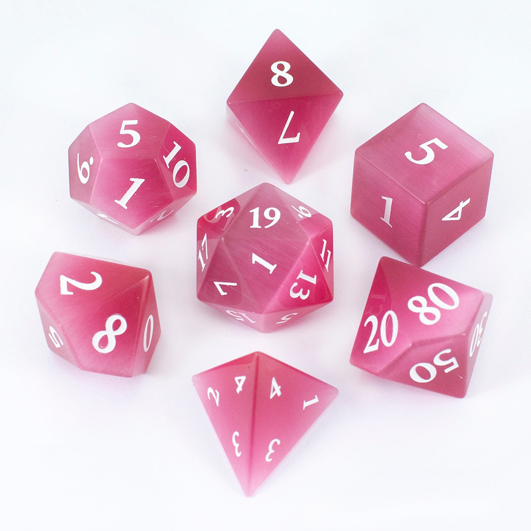 Luxury Stone DnD Dice - Pink Cat's Eye - Full RPG Set