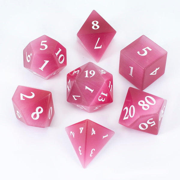 Luxury Stone DnD Dice - Pink Cat's Eye - Full RPG Set