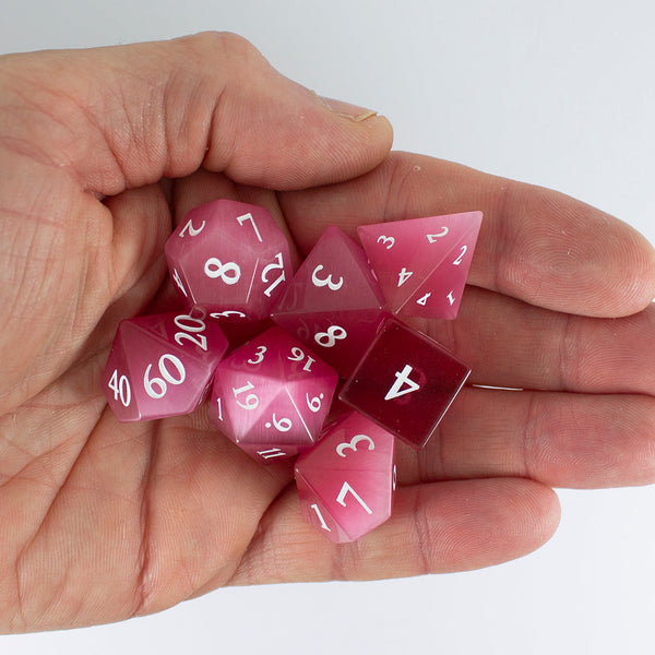 Luxury Stone DnD Dice - Pink Cat's Eye - Full RPG Set