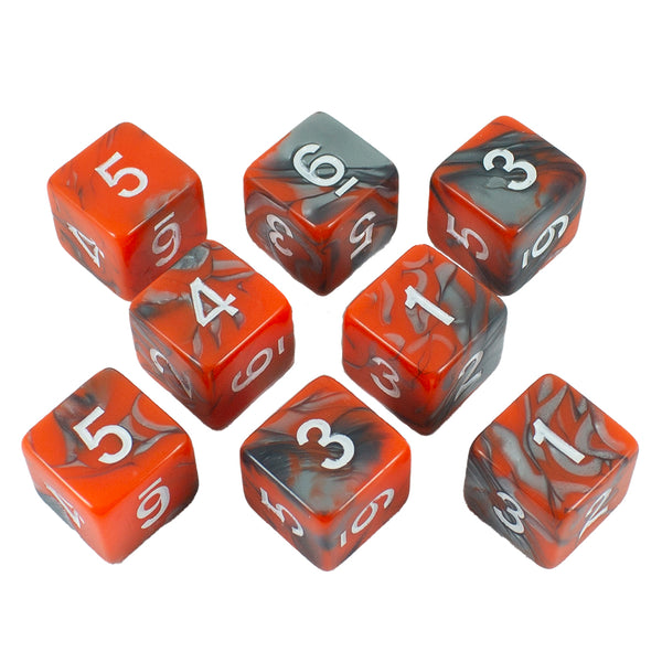 'Magma' Orange and Grey Marble 8 D6 Dice Set