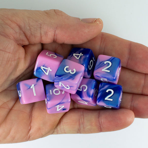 'Celestial Dream' Pink and Blue Marble 8 D6 Dice Set