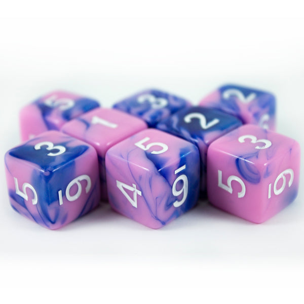 'Celestial Dream' Pink and Blue Marble 8 D6 Dice Set