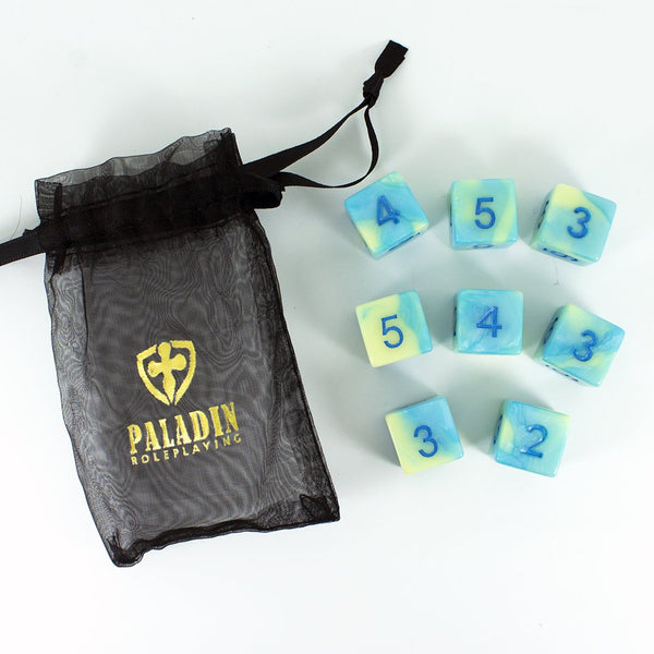 'Blue Mist' Blue and Yellow Marble 8 D6 Dice Set - Paladin Roleplaying
