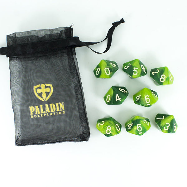 'Sylvan Glade' Marbled Green 8 D10 Dice Set - Paladin Roleplaying