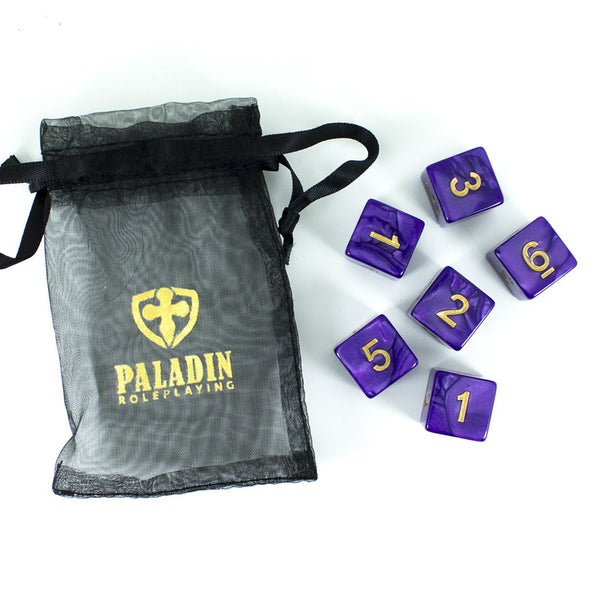 Purple D6 Dice - Pearl Effect - Set of Six (Gold ink) - Paladin Roleplaying