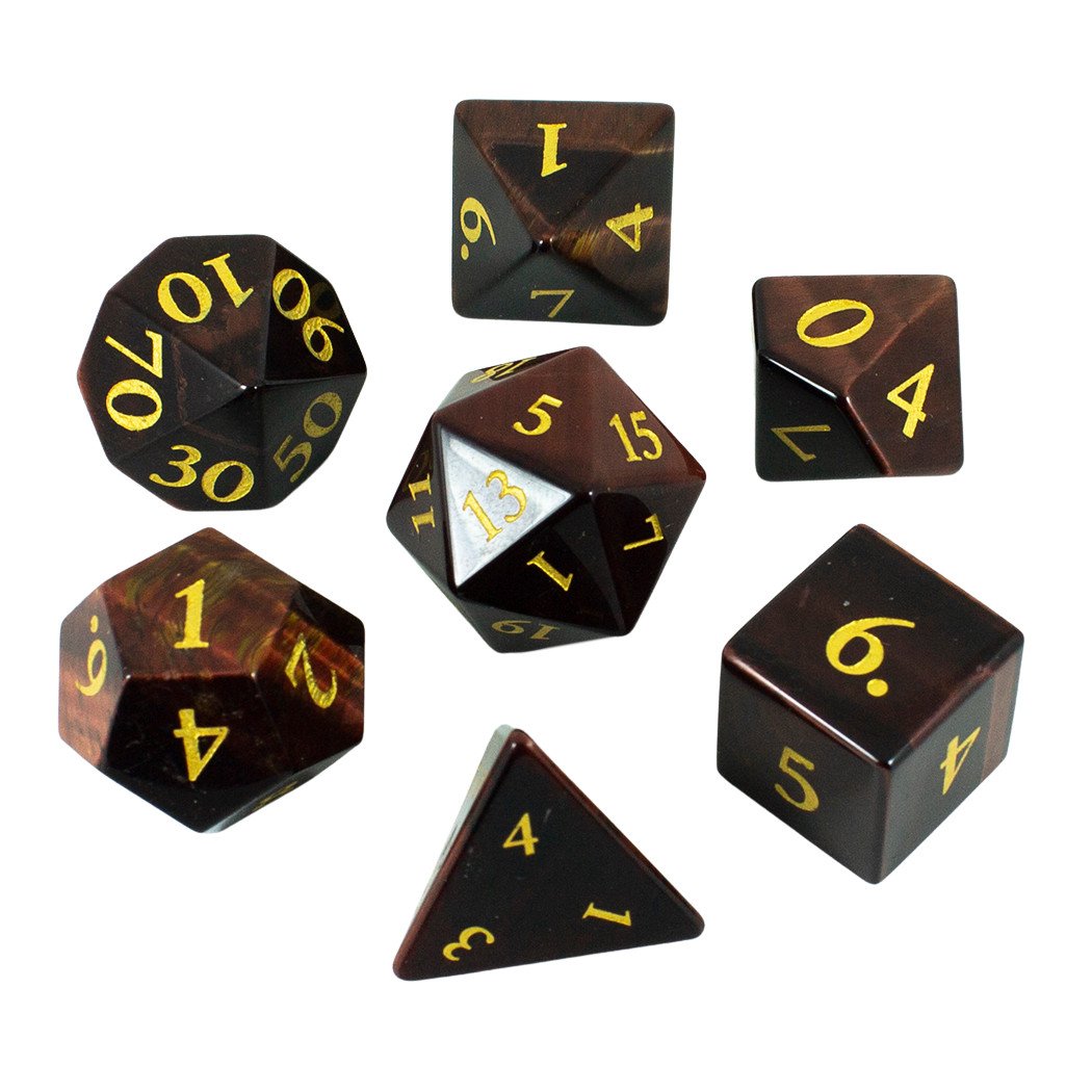 Luxury Stone DnD Dice - Red Tiger's Eye - Full RPG Set - Paladin Roleplaying