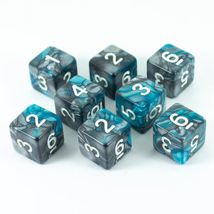 'Frostblade' Grey and Blue Marble 8 D6 Dice Set