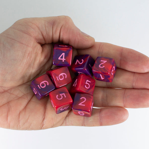 'Tiefling's Kiss' Red and Purple Marble 8 D6 Dice Set