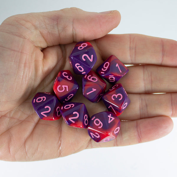 'Tiefling's Kiss' Red and Purple 8 D10 Dice Set